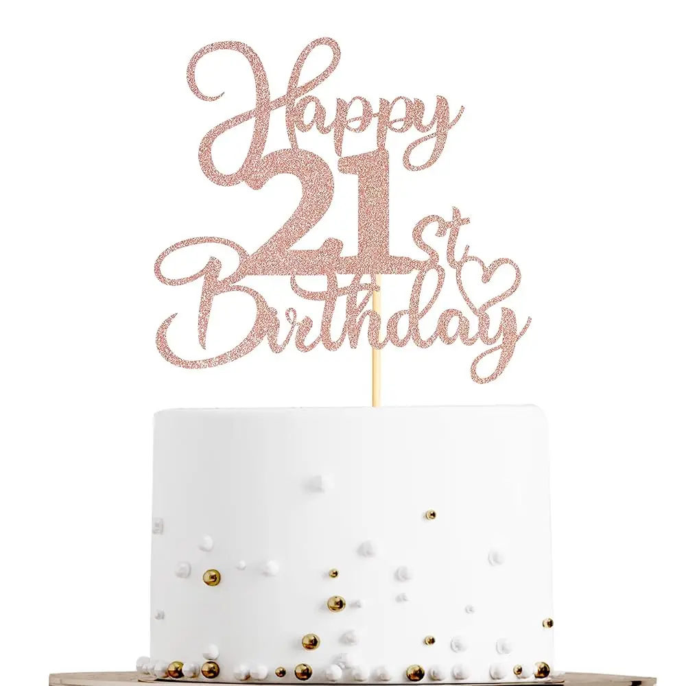 

1 Pack 21st Birthday Cake Topper Double-sided Rose Gold Glitter Cake Pick Cake Decoration for Happy 21st Birthday Anniversar