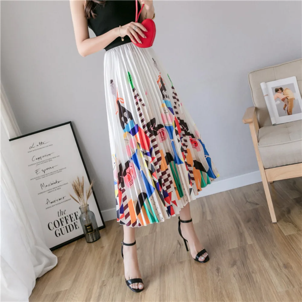 

Nighpha Women's Skirts Elastic High Waist Pleated Skirt Cartoon Print Midi Skirt Large Swing A-line Skirt