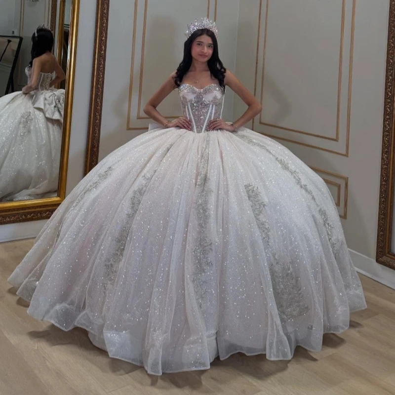 

White Shiny Quinceanera Dresses Ball Gown Off The Shoulder Applique Lace Beads Bow Tull Corset Party Birthday Sweet 16 Dress Ves