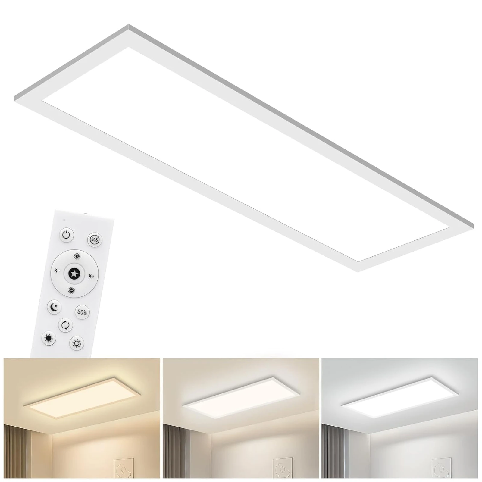 24W LED Ceiling Light 3100LM, 58×20cm Flat Dimmable Ceiling Lamp with Remote, 3000K–6500K for Bedroom Kitchen Office