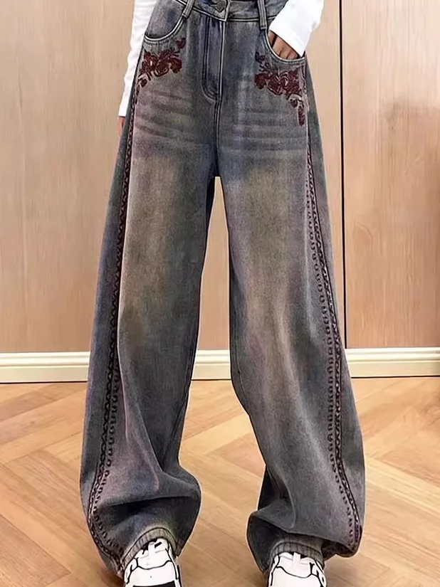 

Retro Casual High Waist Wide Leg Loose Embroidered Denim Jeans Women Slimming Waed Long Trousers Spring 2026 New Arrival