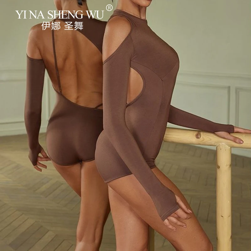 라틴 댄스 탑 여성 섹시한 백 레스 긴 소매 바디 슈트 볼룸 댄스 삼바 룸바 차차 댄스 트레이닝 레오타드 점프 슈트