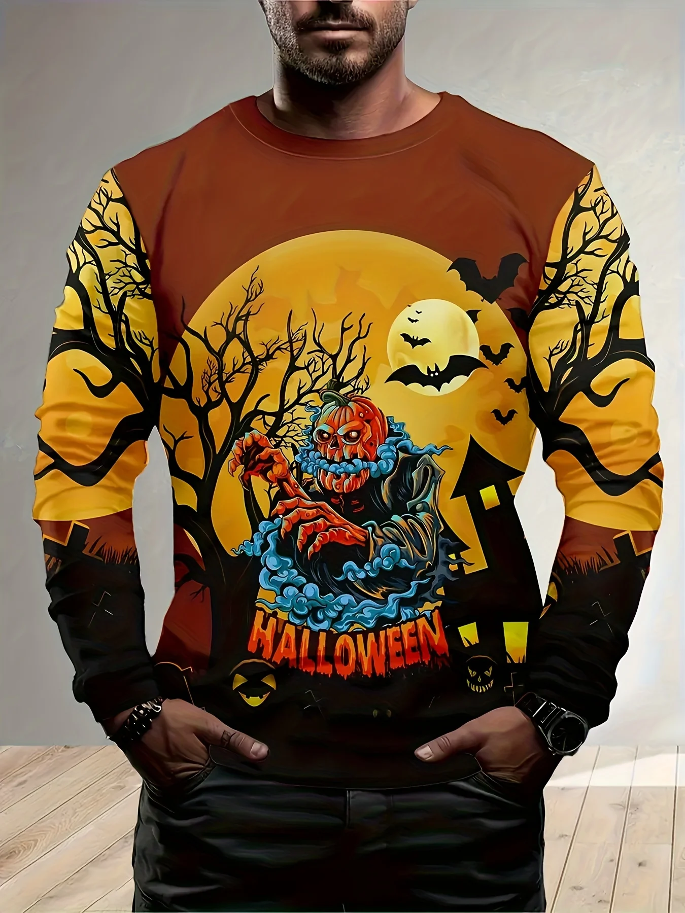 Men Long Sleeve T‑Shirt Pumpkin Monster Bat Moon Haunted House Print Crew Neck Halloween Gothic Casual Tops