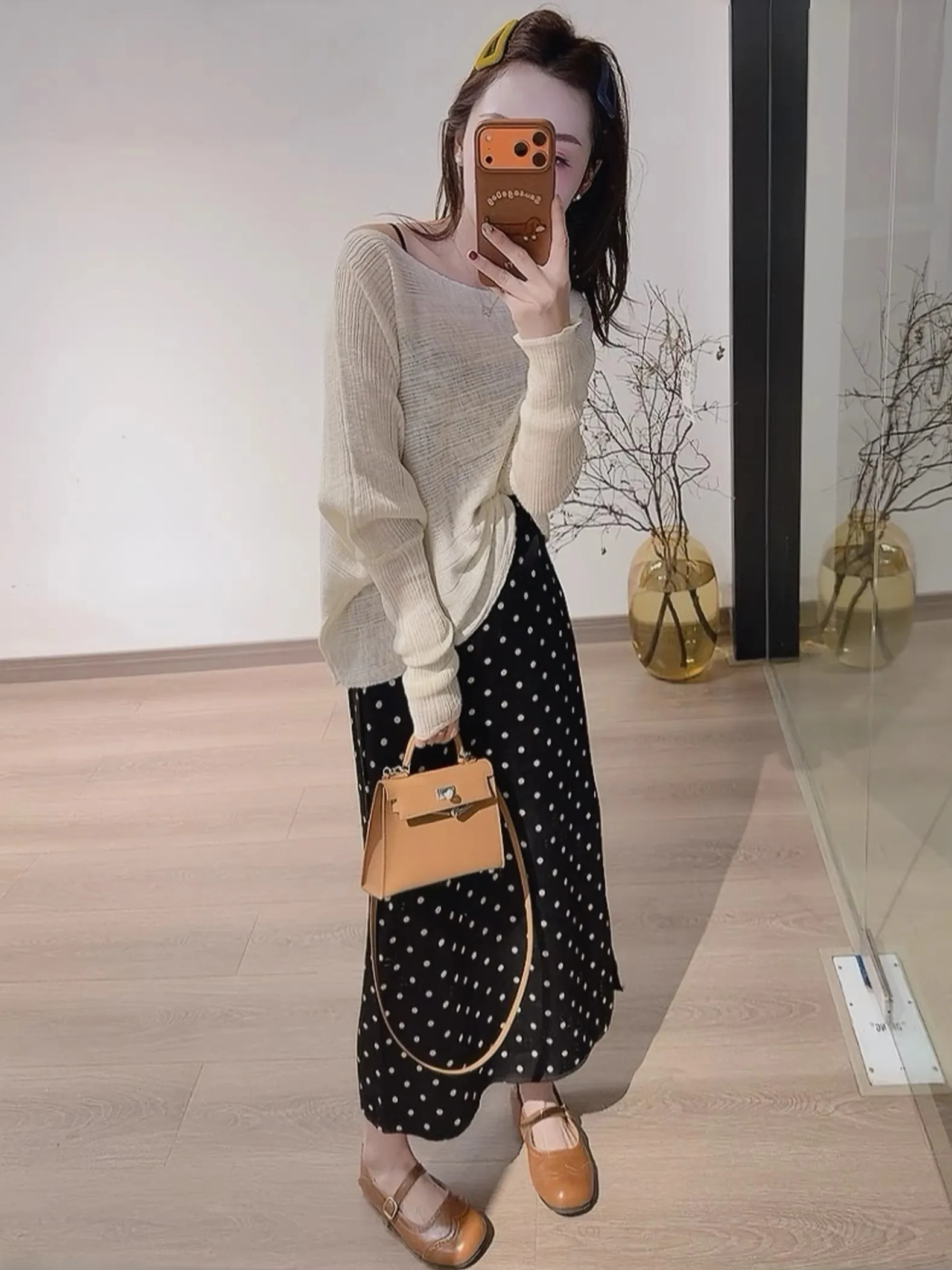 

Spring Fashion Knitted Two-Piece Set Shoulder Bared Polka Dot Skirt Casual Wear Comfortable Long Sleeve High Waist