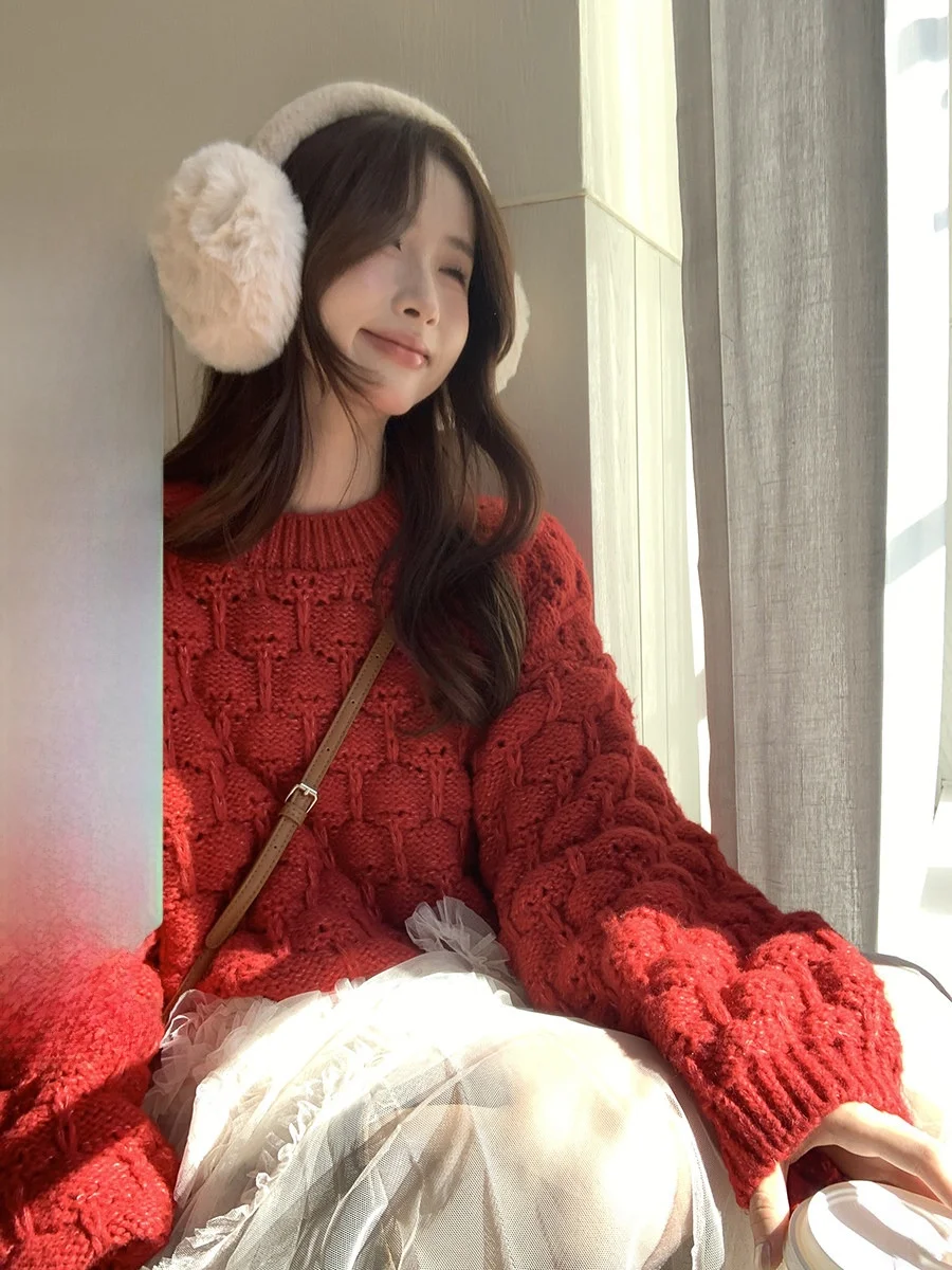 

Вязаный свитер Sinbounboun с круглым вырезом и цветочным узором, свободный крой, длинный рукав, мягкий, комфортный, теплый, премиум-класса