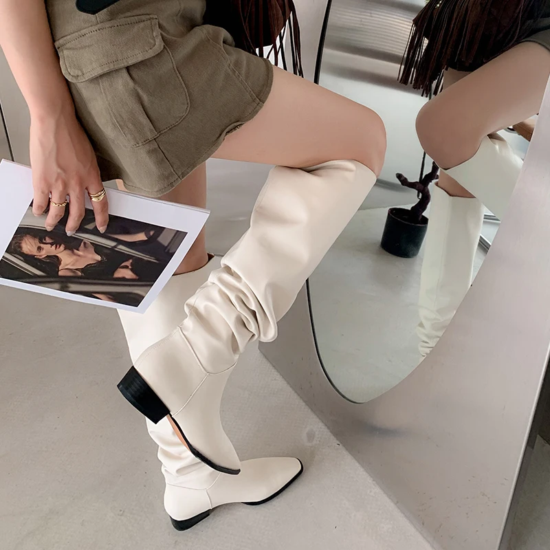 JOZHAMTASize 34-42 Women Knee Boots Soft Leather Ruched Thick Heel Shoes Fall Winter 2025 Ins Wide Calf Slip On Long Tall Boots