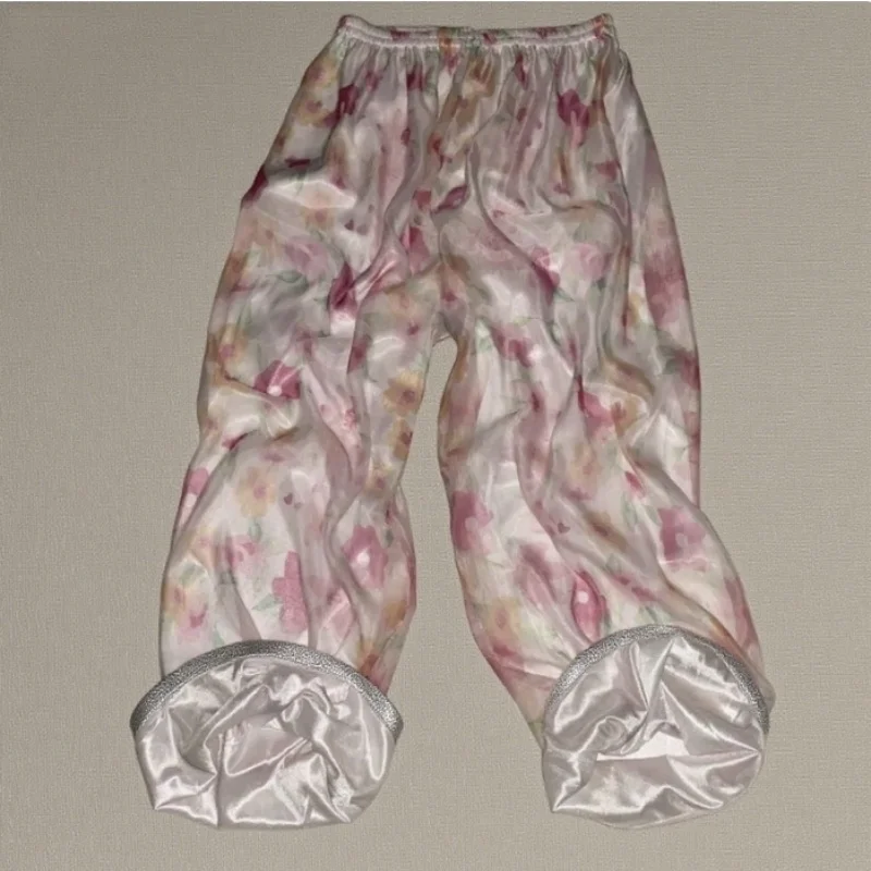 

Sexy Double-layer Mesh Gauze Silky Ice Silk Lining Pants Men And Women Plus Size Sleeping Bottoms Lantern Trousers Home Wear
