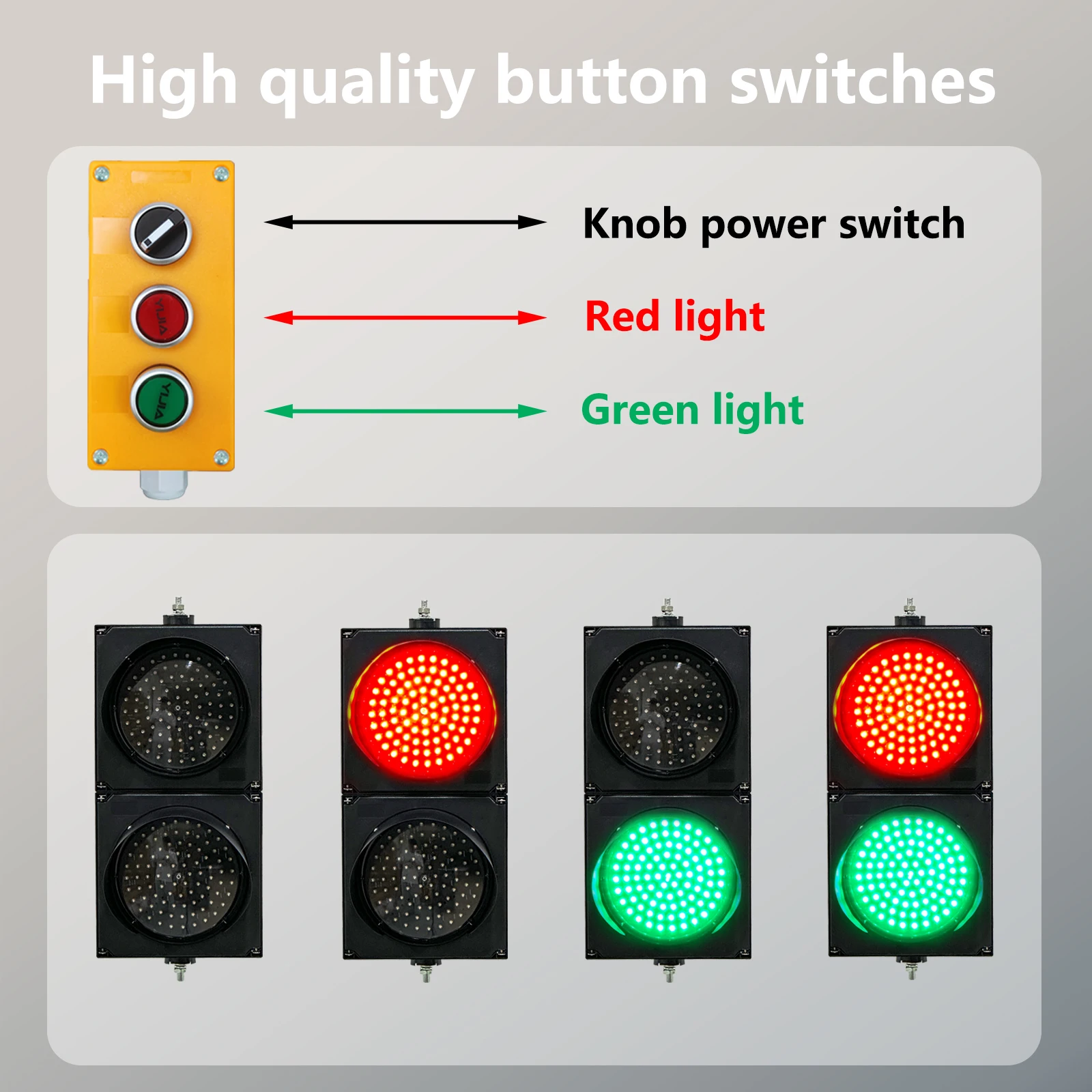 Traffic Light Button Controller 8inch 200mm Traffic Light , AC85 - 265V/DC 12-36V, 6m/19.7ft Cable, Stop/Go Lights, PC Housing