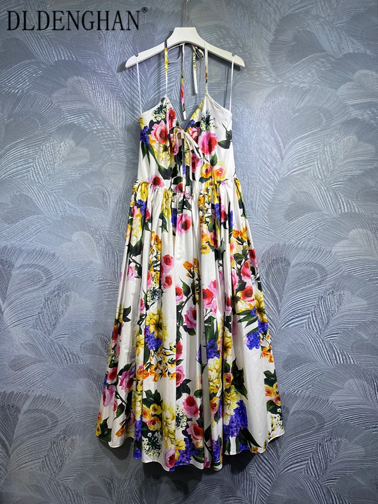 

DLDENGHAN Summer Cotton Dress Women Spaghetti Strap V-Neck Rose Flower Print Sexy Backless Beach Dresses Fashion Designer New