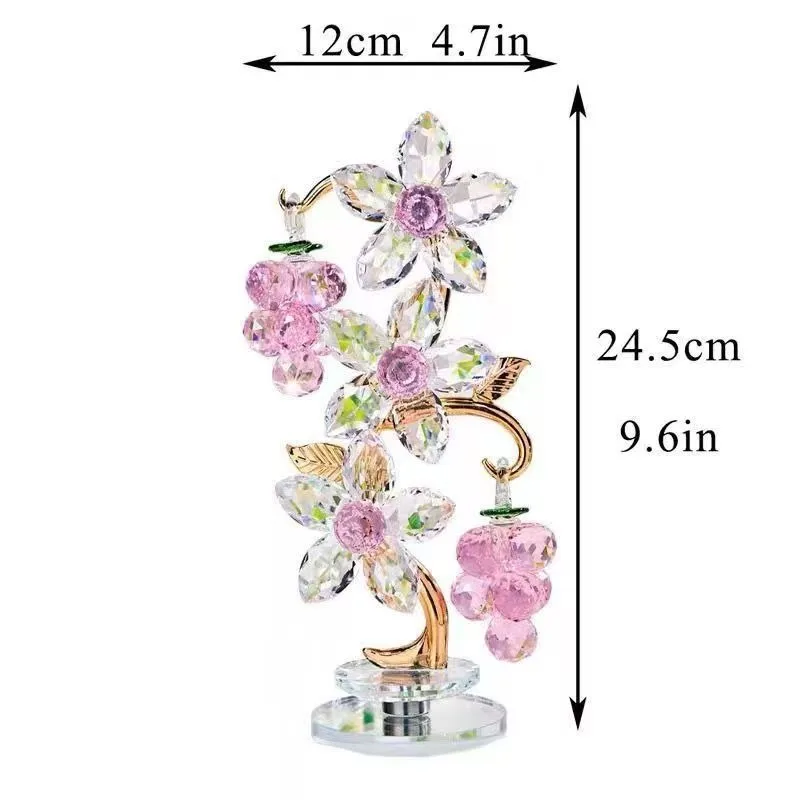 Crystal Pink Grape Flower Figurine Base Glass Ornament Home Tabletop Decoration Wedding Birthday Gift Collectible Desktop Statue