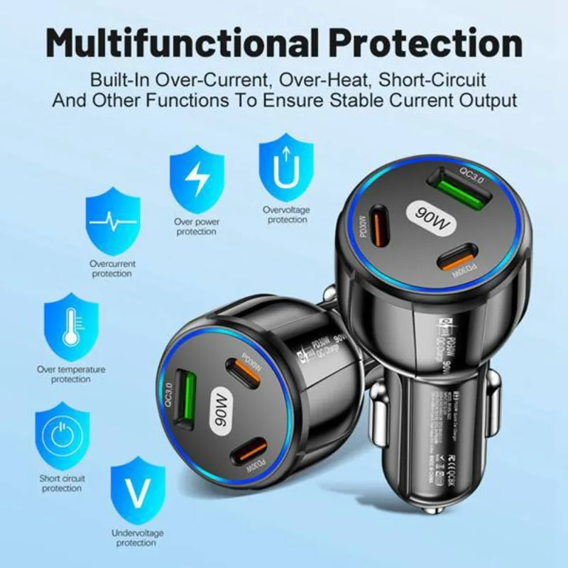 

90W 3 Port Car Charger Super Fast Charger QC3.0 PD30W PPS High-Power Cigarette Lighter Fast Charger for iPhone/Huawei/Samsung