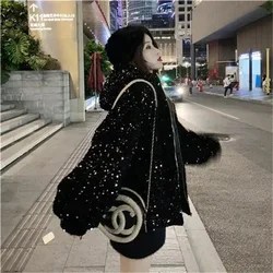 Sparkling Sequin Starry Sky Hooded Coat for Women Spring 2023 New Korean Version Loose Short Thickened Cotton Coat Tide Commuter