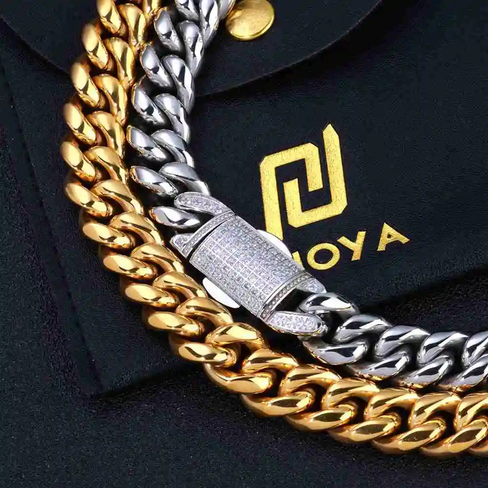 Hip NUOYA Hop Jewelry 12mm Cuban Link Chain 18K Gold Plated Stainless Steel Necklace with Moissanite Diamond Clasp for Men Women