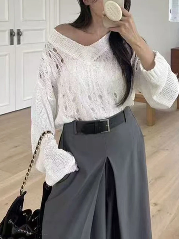 

Ele V-Ne Hollow out Knitted Top Women's Summer Sun Protection Faionable Unique Sle Linen Blend Knitwear