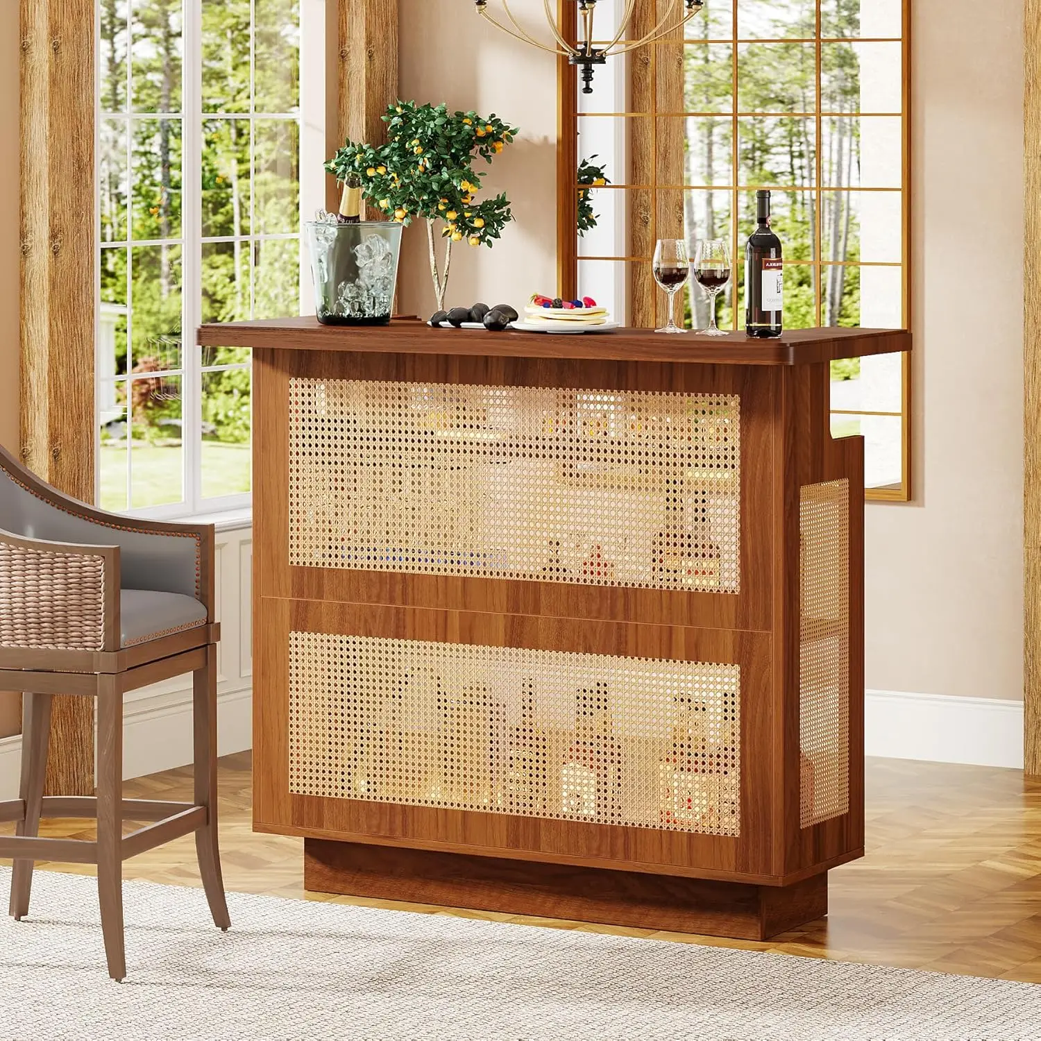 Rattan Home Bar Unit, Farmhouse 4-Tier Bar Table with 4 Stemware Racks and Heightened Base, Liquor Wine Bar Cabinet Mini Bar Tab