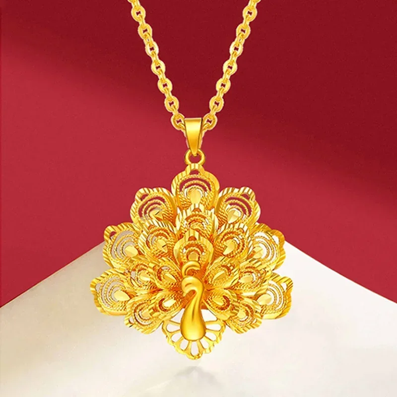 

Pure Female 24k Peacock Flowers Pendant Jewelry 100% Plated Real 999 Gold 18k Necklace Wedding Gift for Mother for Women's Gifts