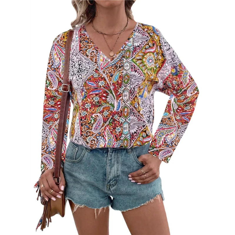 

AOAO-Women's Bohemian Print V-Neck Long Sleeve Casual Blouses Shirts