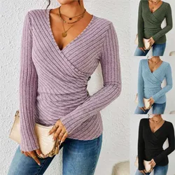 Women's Bodycon Blouses Spring Autumn New Fashion Sexy Solid Color Pit Strip Slim Long Sleeve Knitting Top For Women Casual