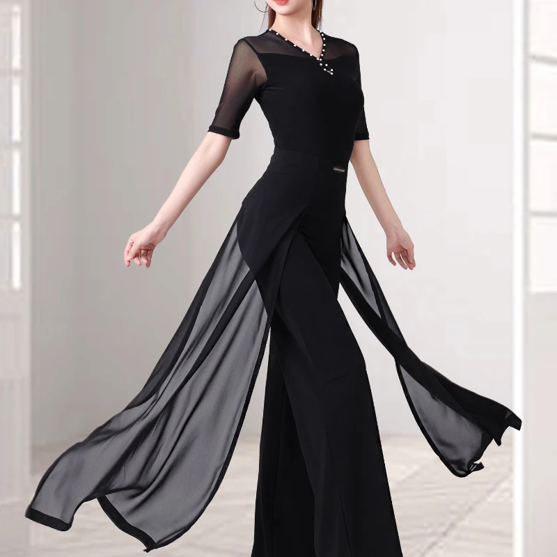 Pantalones de baile latino para mujer, novedad de verano, pantalones de pierna ancha de cintura alta para actuación de baile, pantalones con cinta flotante