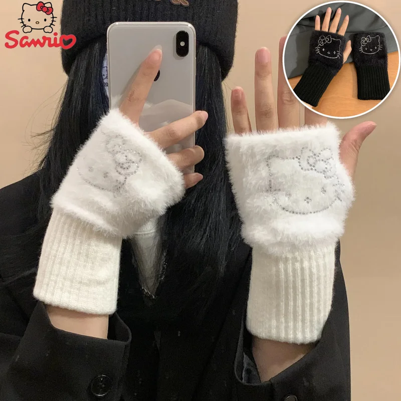 Hello Kitty Sanrio Half Finger Gloves for Women Fashion Winter Warm Soft Knitting Gloves Casual Cartoon Fingerless Mitten Gifts