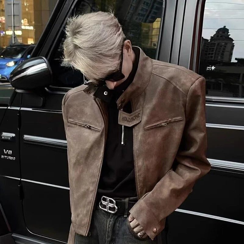 Men\'s jacket Retro Motorcycle Jacket Fashion Korean Style Spring Autumn Vintage Brown Short Jacket High Street Outerwear Coat