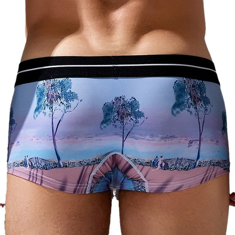 Boy U Convex Pouch Boxy Underwear for Men Low Waist Polyester Digital Print Aro Pants Comfortable Thin Single-layer Boxer Shorts