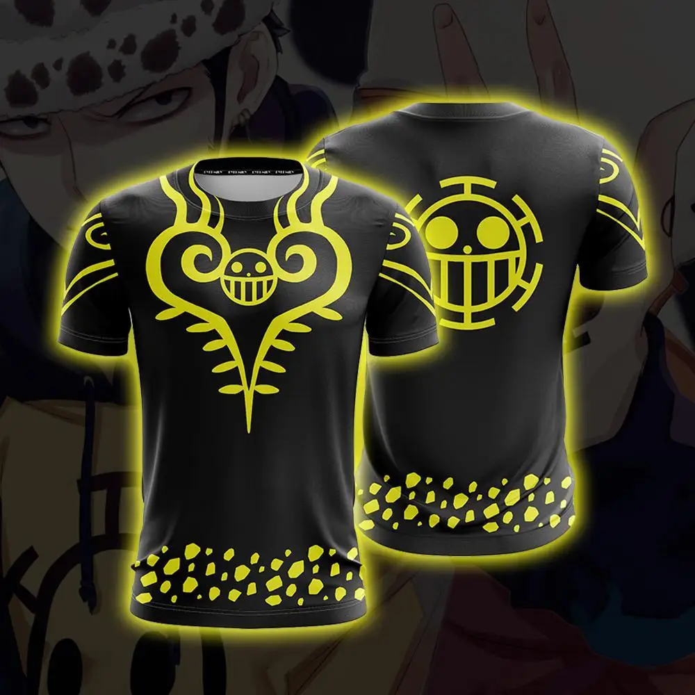 One Piece Trafalgar Law Logo T-shirt Men Women 3D All Over Print Black Yellow Heart Pirate Symbol Short Sleeve Anime Cosplay Tee