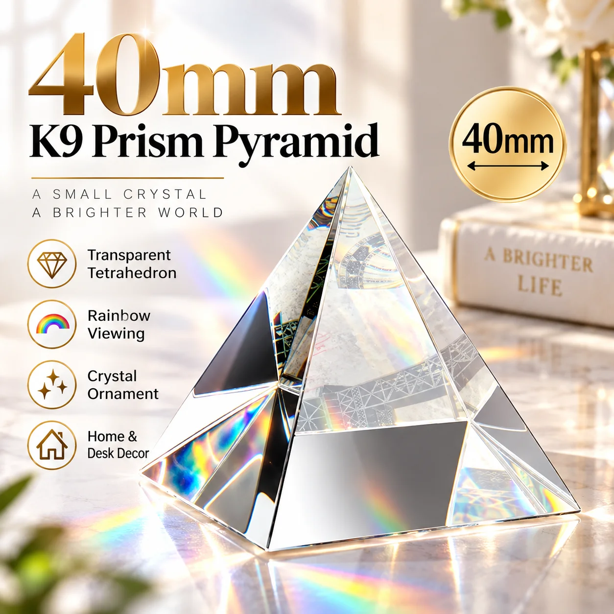 40mm K9 Prism Pyramid Transparent Tetrahedron Glass Rainbow Viewing Geometric Polyhedron Crystal Ornament for Home Desk