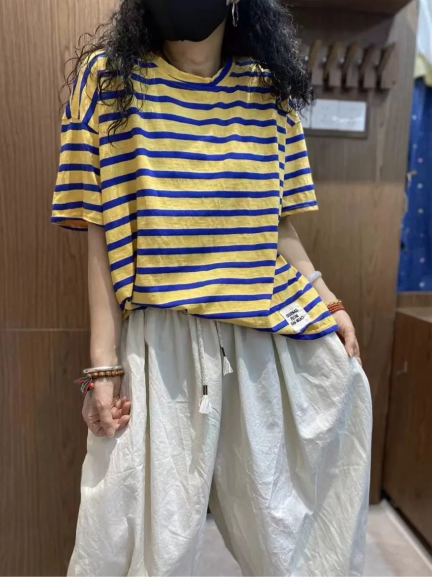 Women's Cotton Striped Short Sleeve T-Shirt Loose Fit round Neck Summer New Style Korean Version Color Block Slimming Top