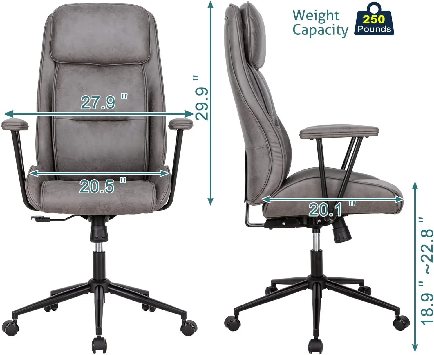 High-Back Reclining Office Chair with Lumbar Support, Grey Leather, Modern Swivel Computer Chair, 330 lb Weight Capacity