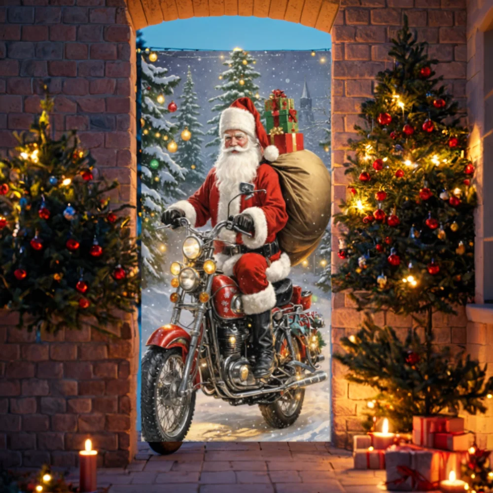 Santa Claus Riding Motorcycle Sled To Give Gifts Lining For Christmas Doors Xmas Door Cover Front Door Home Xmas Party Supplies