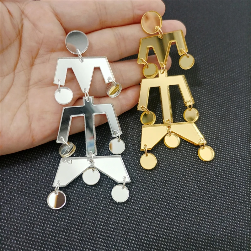 KUGUYS Vintage Big Mirror Dangle Earrings for Women Retro Geometric Silver Gold Color Acrylic Jewelry Accessories