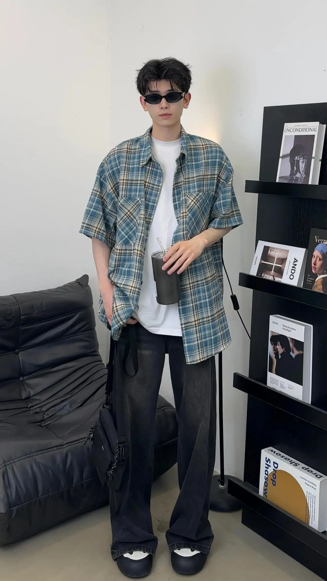 

Blue Plaid ort Sve Loose Fit Summer irt for Men Thin Casual Top Teenage Students Polyester Cotton Viscose Blend