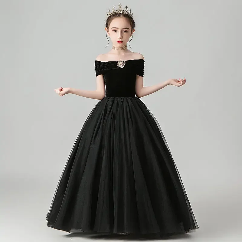 Vestido de noite elegante para meninas Vestidos de festa Quinceanera preto Vestidos de comunhão para criança