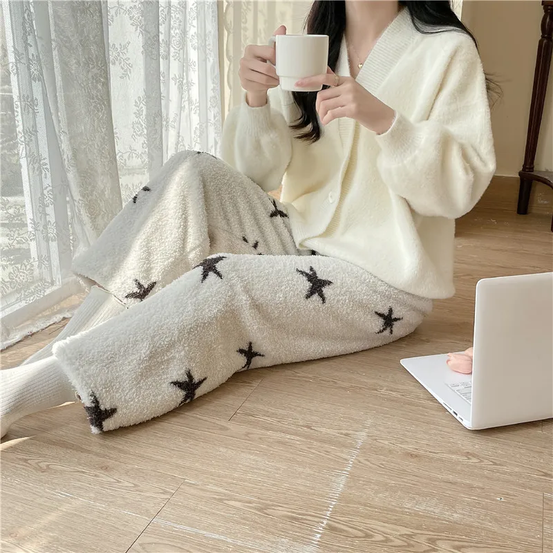 Thickened Warm Pajama Pants Woman Autumn and Winter Star Pattern Printing Long Plush Casual Trousers Student Sleeping Pants