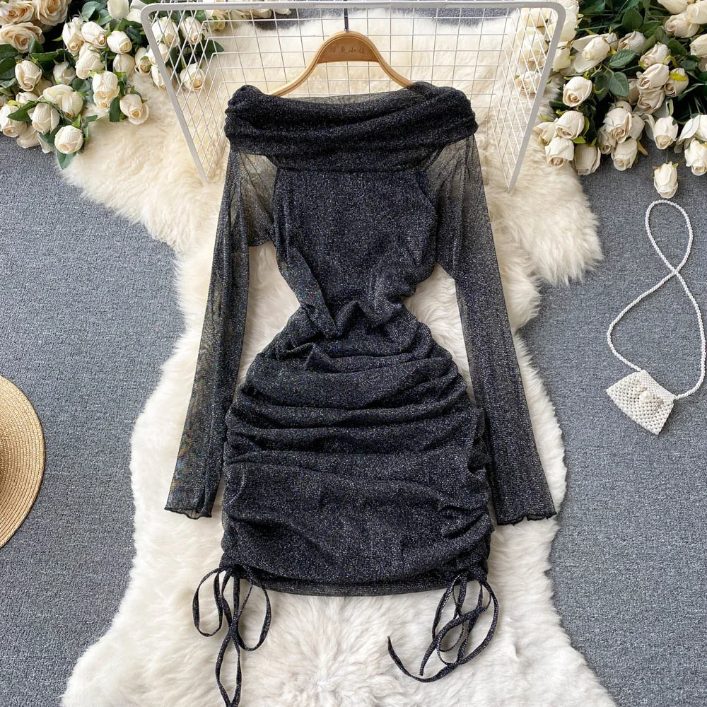 Sexy Off Shoulder Bodycon Mini Dress Women Fashion Spring Slash Neck Long Sleeve Shinny Mesh Drawstring Ruched Club Party Dress