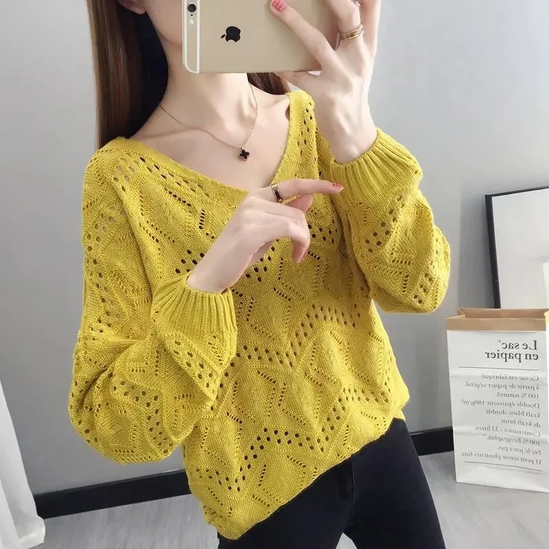 Sweaters Women Casual V-neck Solid Jumpers Pullovers Spring Summer Womens Sweater Hollow Out Knitwear Bottoming Shirt