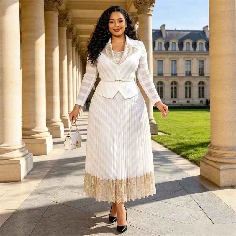 ANLAN White Women Blazer Collar Fake Two‑Piece Pleated Maxi Dress Mesh Sleeve Belted Lace Hem Elegant Party Dresses 2AN9518