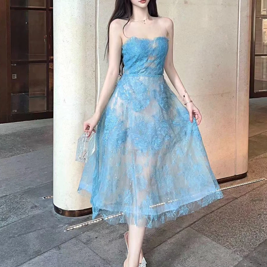 20234 Blue Lace Dress Women Vintage Slash Neck Elegance Evening Dresses Female Bing Flower Mesh Vestido Party Luxury Design