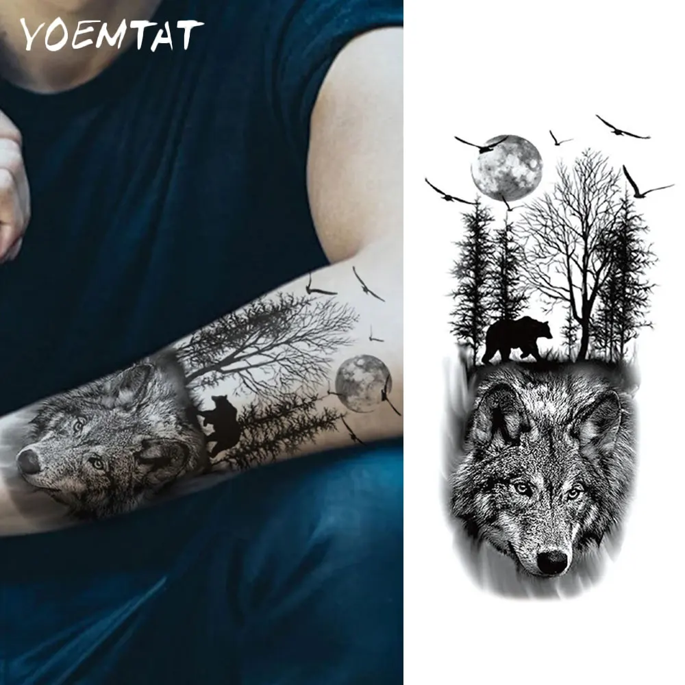 Waterproof Temporary Tattoo Sticker Realistic Animal Forest Wolf Bear Bird Moon Body Art Arm Fake Tattoos Sleeve Women Men Leg