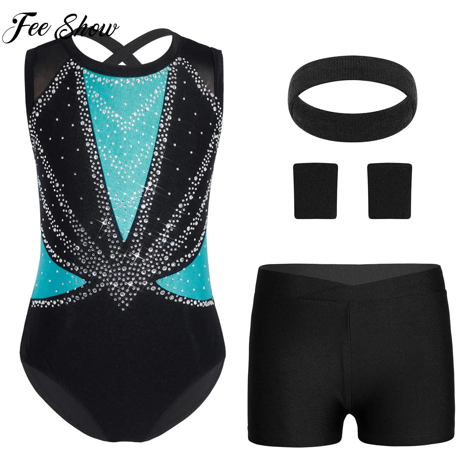 

Girls Ballet Dance Gymnastics Figure Skating Outfit Sleeveless Leotard+Shorts+Accessories Set for Stage Performance Competition