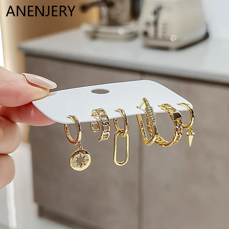 ANENJERY Silver Color Geometric Chain Clip Rectangular Hoop Earrings Punk 6-Piece Earring Sets For Women Jewelry