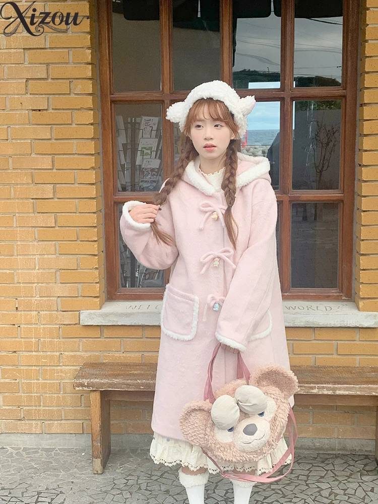 الحلو كلية الوردي Bowknot مقنعين الصوف مبطن معطف المرأة الخريف الشتاء منتصف طول فضفاض عادية سميكة الدافئة ملابس خارجية الدانتيل متابعة