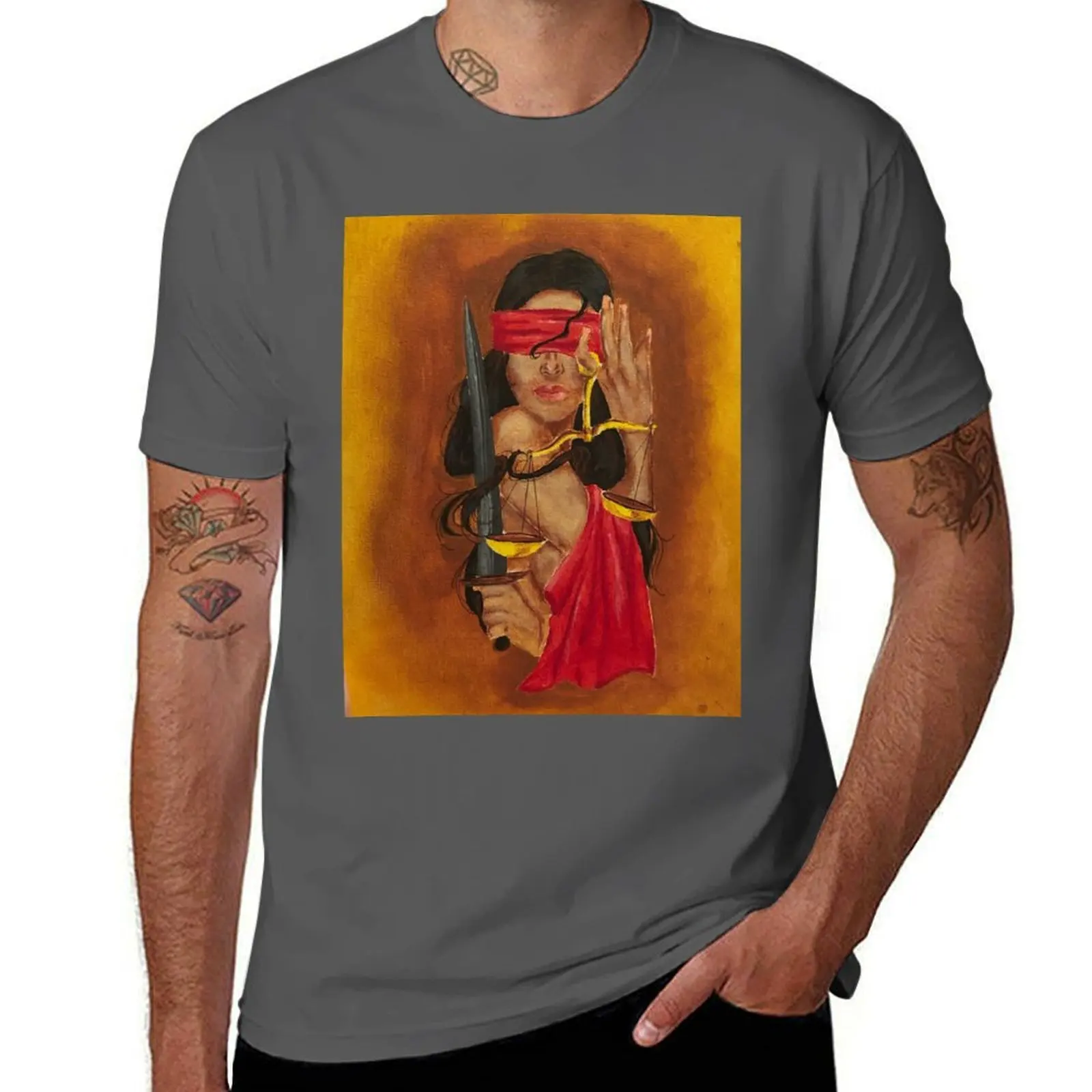 T-Shirt à manches courtes avec peinture acrylique Lady of Justice, haut décontracté à la mode