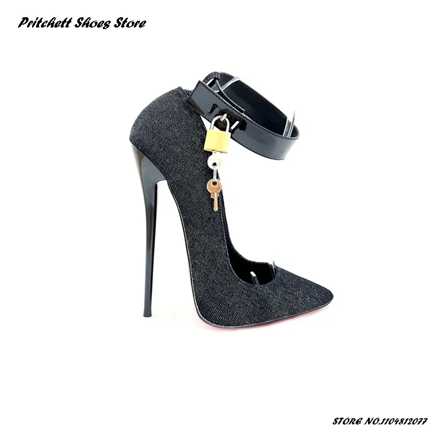 

Women's 16cm High Heels Sexy Pointed-Toe Denim Pumps with Padlock Party Banquet Shoes for Nightclub Show Bar Performance
