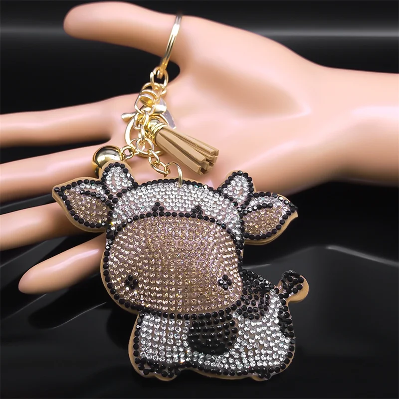 Cute Cow Keychains for Women Men Rhinestone Gold Color Metal Keyring Cattle Bag Pendant Accessories Jewelry llavero K9804S01