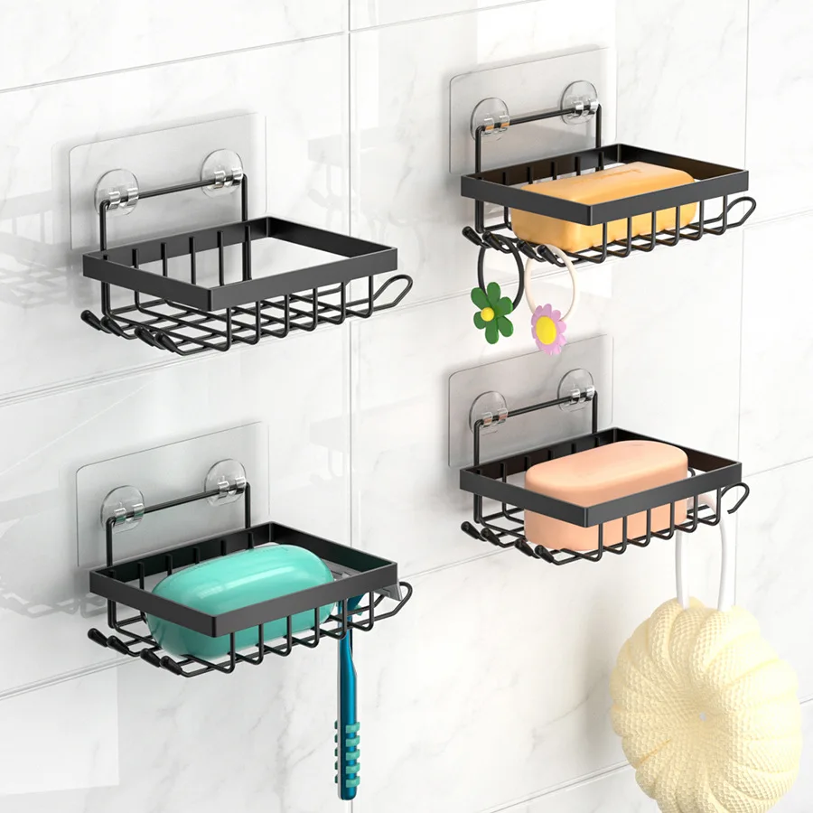 

Iron Soap Rack, Punch-Free Soap Box, Bathroom Storage Organizer with Shaver Holder & Shower Hook for Space Saving