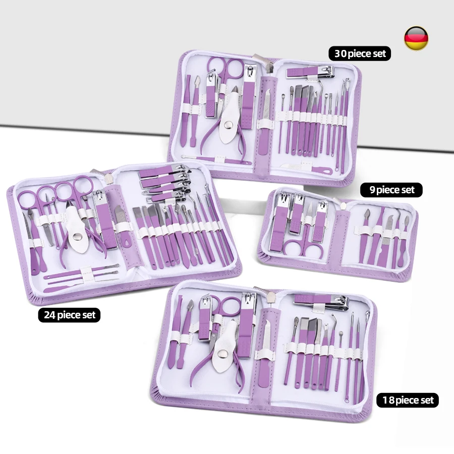 طقم مانيكير من الفولاذ المقاوم للصدأ 9/18/24/30 قطعة باللون الأرجواني المبهر والأزرق - مقص أظافر على الطراز الحديث مع شفرة محدبة، غير معطرة