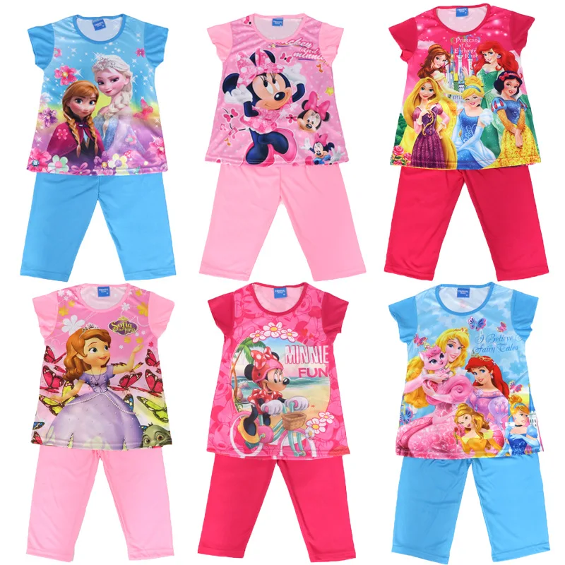 

Disney Casual Frozen Elsa Children's Summer Short Sleeve Pajamas Cartoon Suit Girls Set Clothes Kids Pajamas Costumes Minnie