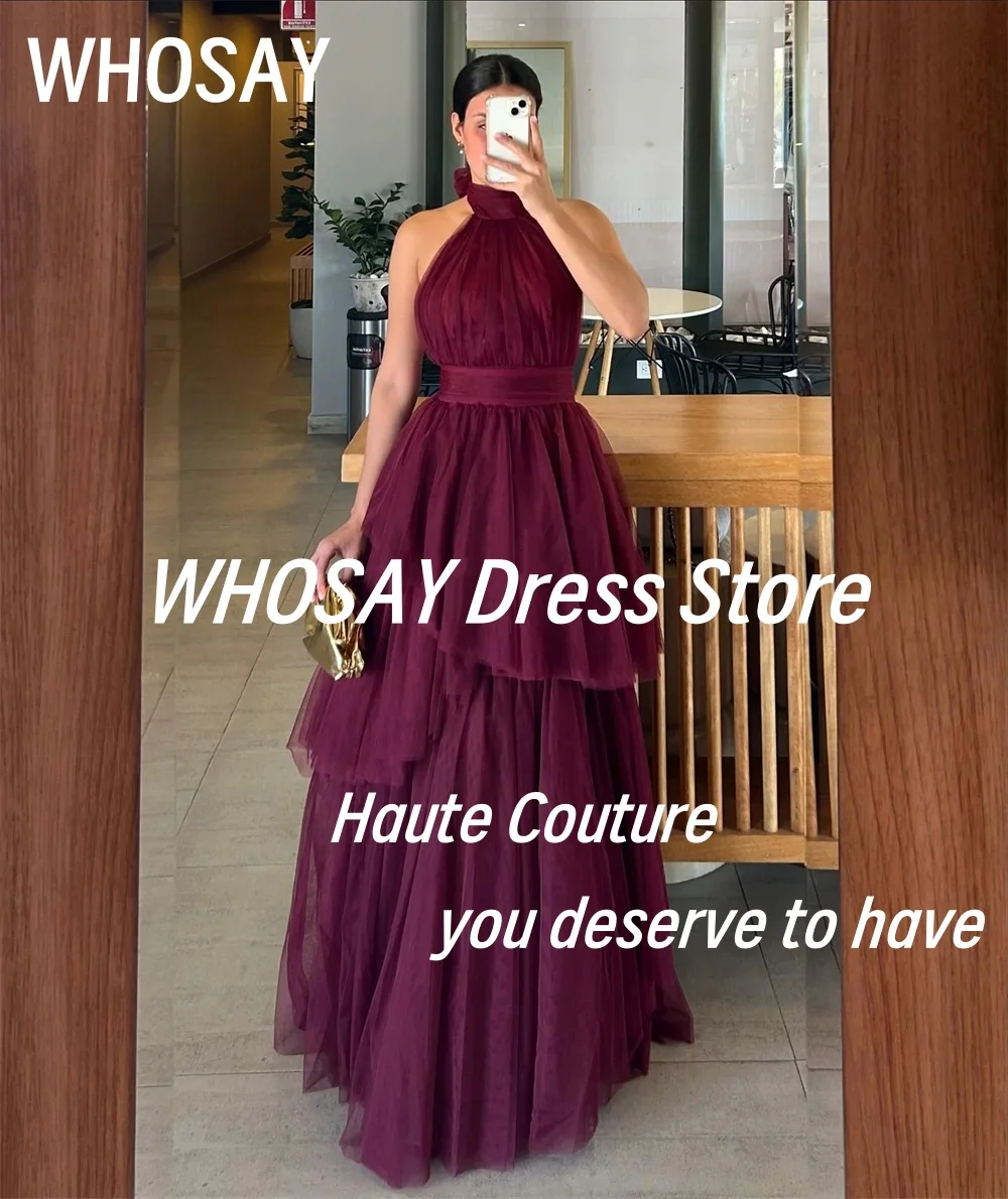 WHOSAY Halter Neck Prom Dresses Sexy Backless Cocktail Party Evening Gowns Customized Tiered Tulle Dress for Formal Occasions